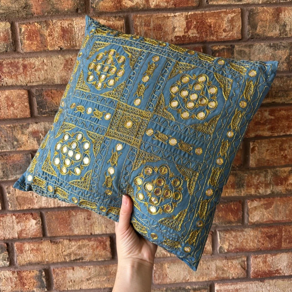 Bohemian‎ Blue Gold Embroidered Shisha Mirror Square Throw Pillow 15x15